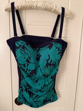 Lands' End Navy Swimsuit top with Teal Tropical Print size 8
